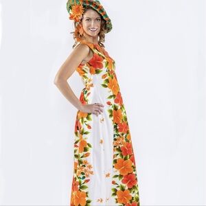 True Vintage Polynesian Waterfall Barkcloth Dress White Hibiscus Orange Size S